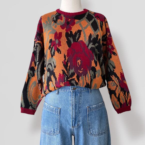 Vintage 90s Earthy Fall AOP Sweater Intarsia Made In USA Cottage Artsy Boho Cozy - Picture 5 of 9